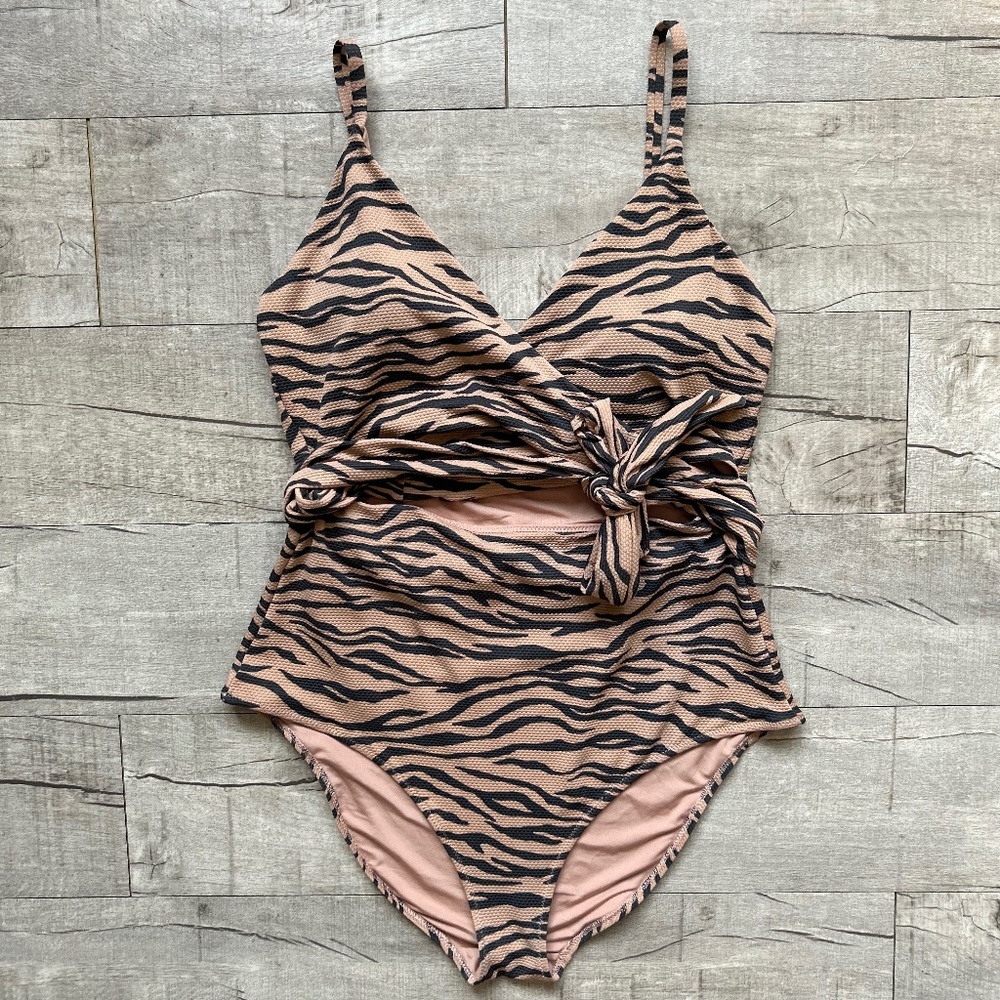 Aerie XL LONG Tan Black Tiger Stripes One Piece Full Coverage Wrap Swimsuit Y2K